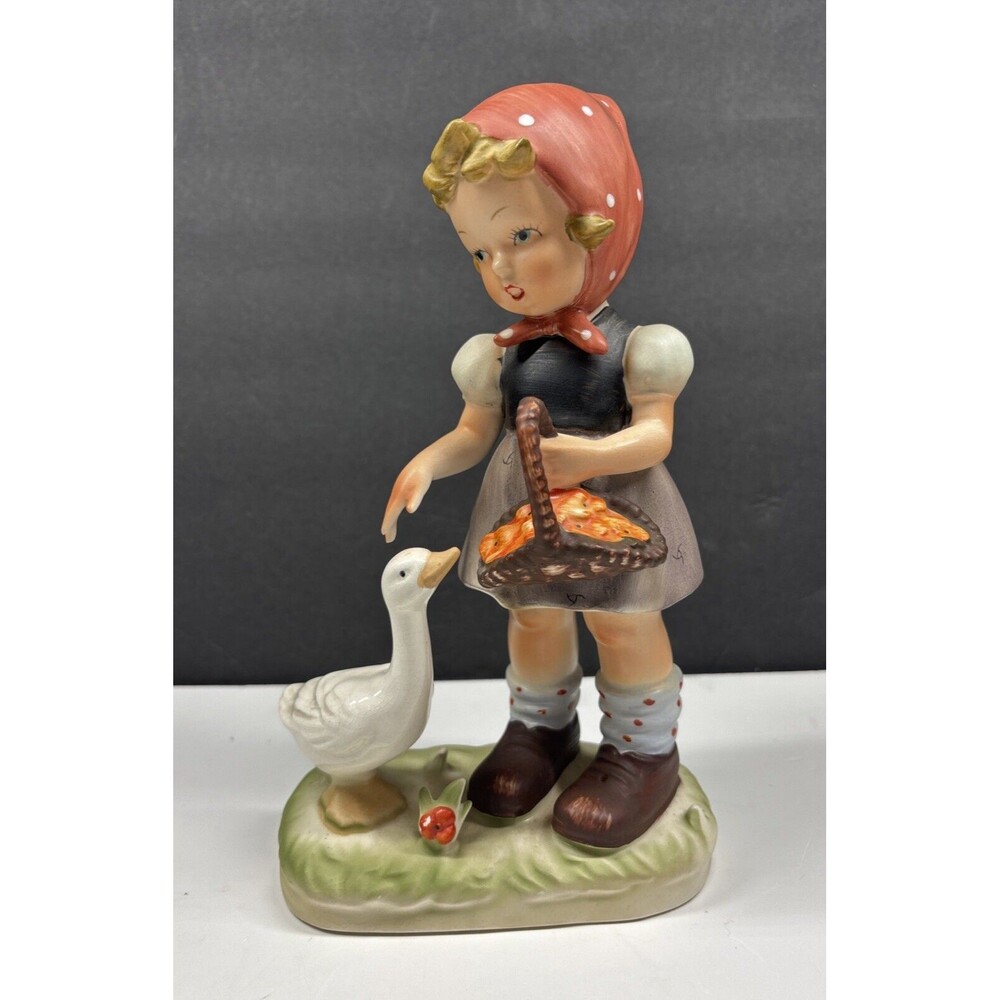 Vintage Napcoware Young Girl Holding Basket Petting Goose 9" Marked 138